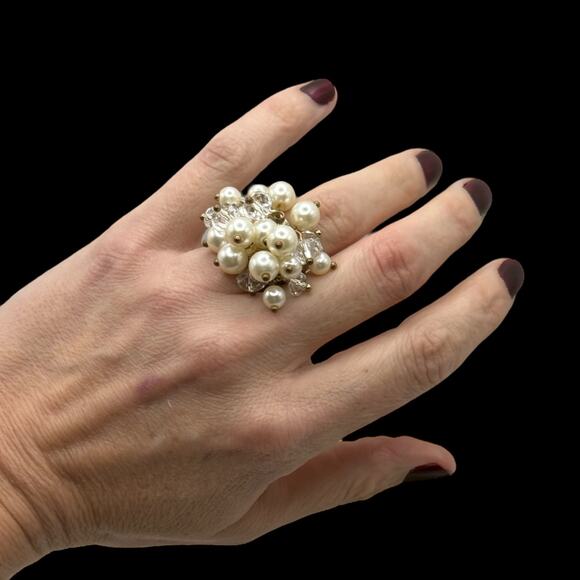 Vintage Cha Cha Ring Faux Pearl Crystal Cluster Bouquet Stretch Cocktail - Picture 2 of 6